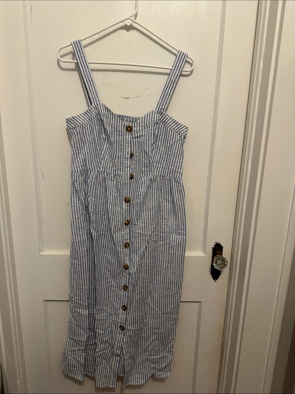 Seraphine Blue and White Striped Midi Button-Front Sundress